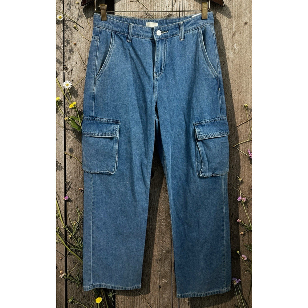 Simple Society Straight Leg Cargo Jeans Sz 1 25" Waist Blue Wash Relaxed